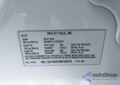 2022 Tesl Model Y Performance Performance Dual Motor All-Wheel Drive из США, поврежденный, VIN 7SAYGDEF9NF492672